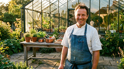 Obraz premium Smiling chef in a chef's coat standing in front of a greenhouse with a table of ingredients