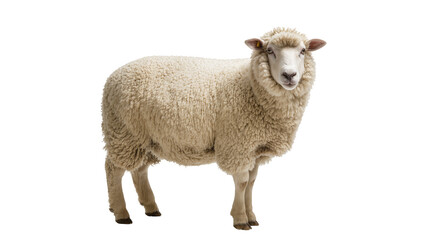 Fototapeta na wymiar Isolated domestic sheep standing, a mammal with thick wool, farm animal looking at camera