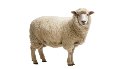Fotobehang Schapen Isolated domestic sheep standing, a mammal with thick wool, farm animal looking at camera  © Ioana