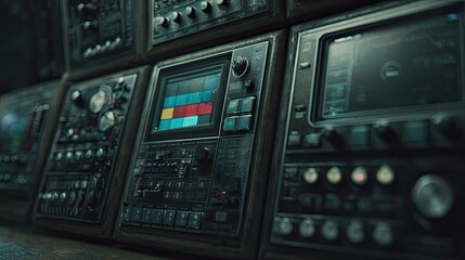 Fototapeta premium Vintage control panel packed with buttons, switches, dials and colorful screens, blending retro electronics and futuristic instrumentation in a detailed industrial console setting