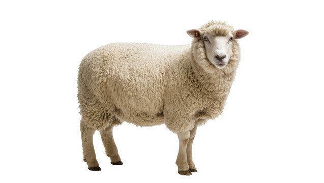 Isolated domestic sheep standing, a mammal with thick wool, farm animal looking at camera