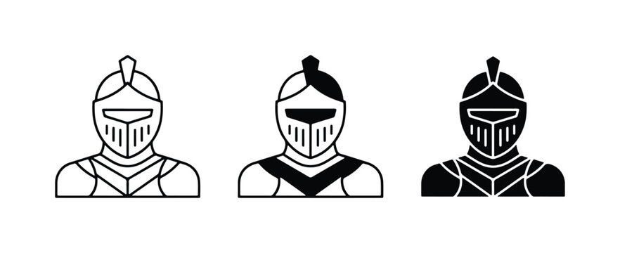 Medieval Knight Armor Icons: Three Styles of Warrior Helmets, Vector Set for History and Fantasy Themes