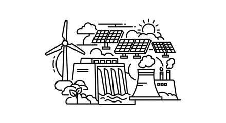 Obraz premium Renewable energy sources including solar panels and wind turbines generating clean power
