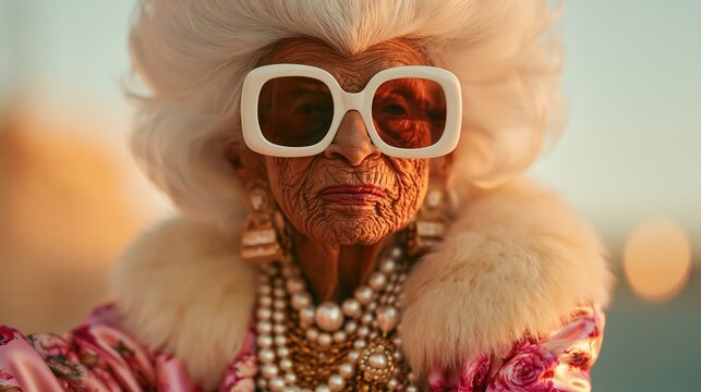 Dame &acirc;g&eacute;e &eacute;l&eacute;gante portant lunettes blanches et colliers de perles