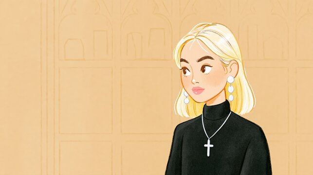 Illustration d'une jeune femme blonde avec collier croix chr&eacute;tienne