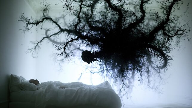 Personne allong&eacute;e sous un arbre aux branches nues dans une atmosph&egrave;re