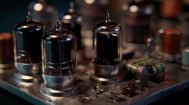 Vacuum tubes and vintage electronic components on a retro circuit board, warm glowing filaments and detailed wiring evoking classic radio and analog audio technology history