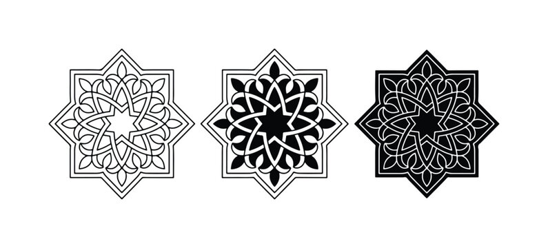 Islamic Geometric Patterns, 3 Ornate Star Designs, Black and White Arabesque Motifs, Vector Art for Decorative Backgrounds