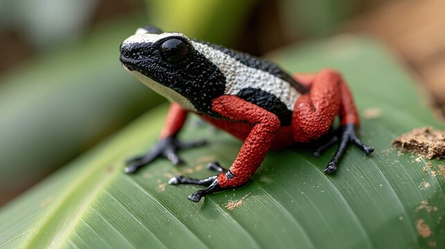 Grenouille tropicale color&eacute;e aux pattes rouges sur feuille verte luxuriante