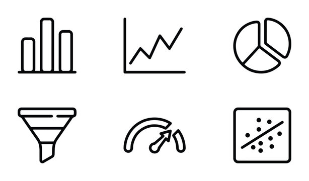 Data Visualization Icons Set: Bar Chart, Line Graph, Pie Chart, Funnel, Speedometer, Scatter Plot. Business Analytics and Reporting Vector Graphics.