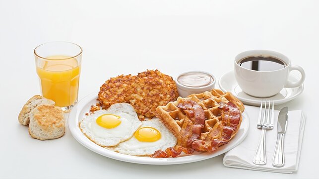 Petit-d&eacute;jeuner complet avec &Aring;&ldquo;ufs au plat bacon gaufres et caf&eacute;
