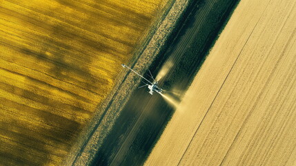 Fototapeta premium Advanced agricultural pivot irrigation system watering fields of sustainable crops, ensuring growth and yield for modern farming and food production from an aerial perspective