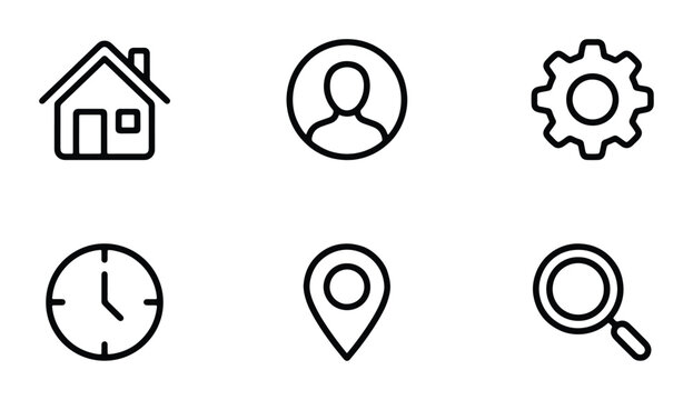 Minimalist Line Icons Set: Home, User Profile, Settings Gear, Clock, Location Pin, Search Magnifying Glass for Web and App Design