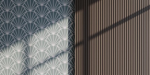 Elegant interior background with art deco geometric wallpaper, wooden fluted panel, and natural window shadow © AuzaStudio