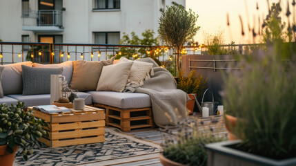 Obraz premium Cozy balcony setup with lights and seating enjoying sunset view over city skyline in evening hours