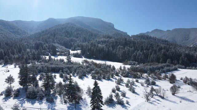 Aerial winter view of Rila Mountain near Beli Iskar village, Sofia Region, Bulgaria