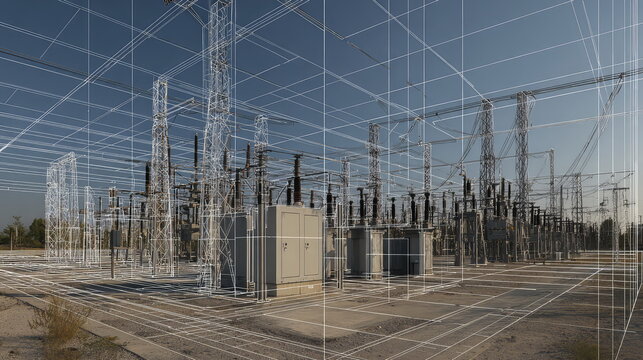 High voltage power substation structure overlaying a digital wireframe grid, symbolizing advanced engineering, energy supply, smart grid concepts, and modern electricity distribution