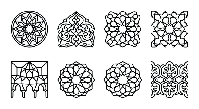 Islamic Geometric Patterns Collection, 8 Vector Ornaments, Arabesque Arab Design Elements, Traditional Moroccan Arabesque Motifs, Decorative Arabesque Borders