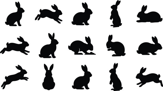 Black silhouettes of rabbits in various poses, running and sitting, on white background