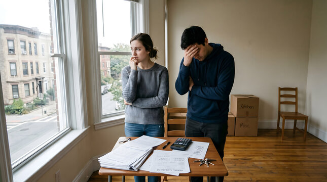 Stressed young couple facing eviction due to unaffordable rent. Worried man and woman looking at financial documents and calculator in empty apartment with moving boxes. Housing crisis concept