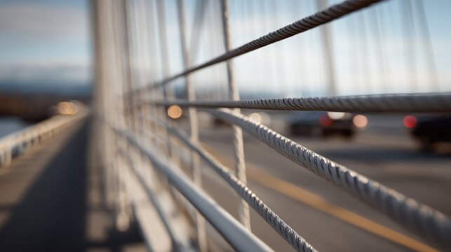 Metal cables forming part of a suspension bridge structure, providing support and stability for vehicles traveling on the roadway with active traffic in the background
