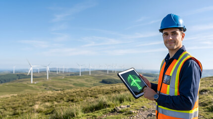 Obraz premium Renewable energy concept with engineer holding tablet and glowing wind turbine icon in open wind farm