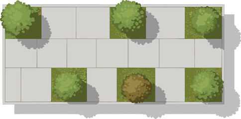 Top down view of street with pavement and green plants in squares and cast shadows. © Emongrapic