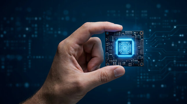 Semiconductor technology concept with hand holding circuit board and glowing microchip in digital background