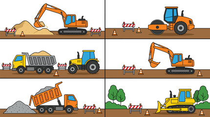 Construction Vehicle Illustration Set with Excavator Bulldozer Dump Truck and Road Roller Machinery Designs. © Mahamuda Studio 
