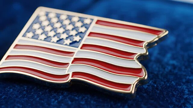 Close up of American Flag Pin on Blue Fabric.