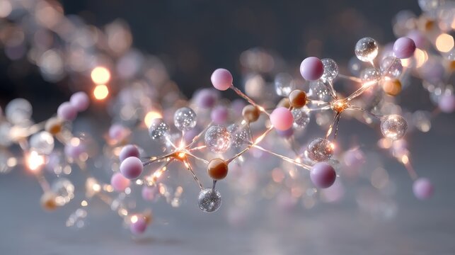 Abstract representation of molecular structures with luminous orbs and sparkling connections in a blurred background.