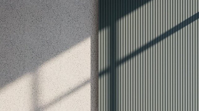 Modern Terrazzo Stone and Dark Slatted Wood Wall Panel with Moving Window Shadow Animation
