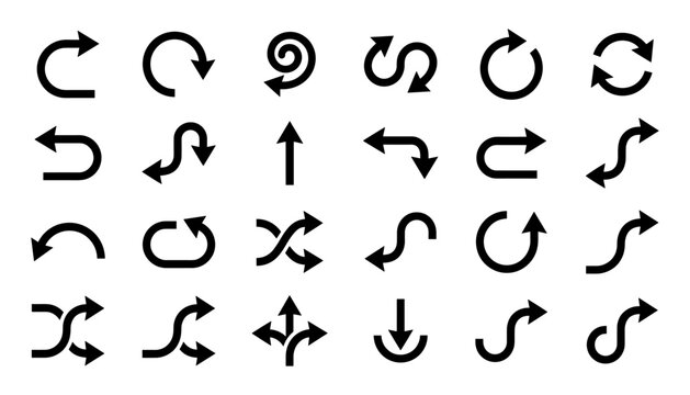 Large set of black curved vector arrow icons featuring u-turns, circular loops, spirals, winding paths, and directional navigation symbols. 