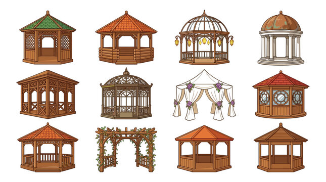 Gazebo Pavilion Illustration Set with Wooden Garden Shelters, Wedding Canopies, and Outdoor Park Structure Designs.
