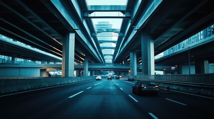 Obraz premium Urban highway traffic flowing on a multi lane road beneath a massive concrete overpass system, creating a dynamic infrastructure scene in a modern metropolitan area