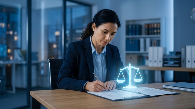 Business professional signing compliance documents with glowing justice scale icon in office setting