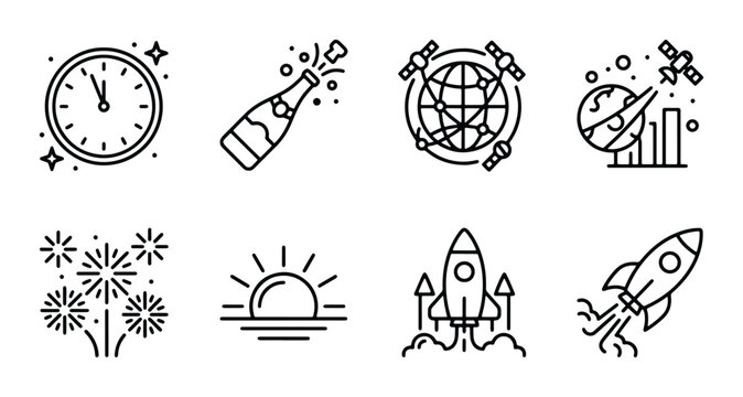 New Year Celebration Icons, Space Exploration Vector Set, Countdown Clock, Champagne Bottle Pop, Rocket Launch, Fireworks, Sunrise, Global Network