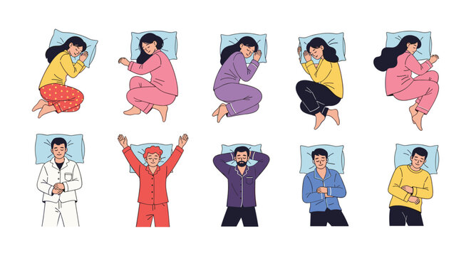 Sleeping People Illustration Set with Different Sleep Positions, Pajama Characters, and Bedtime Relaxation Poses for Healthy Lifestyle Designs.