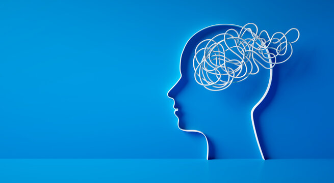 3D silhouette of a head with white tangled rope or cord inside symbolizing mental complexity and confusion on blue background - 3d illustration