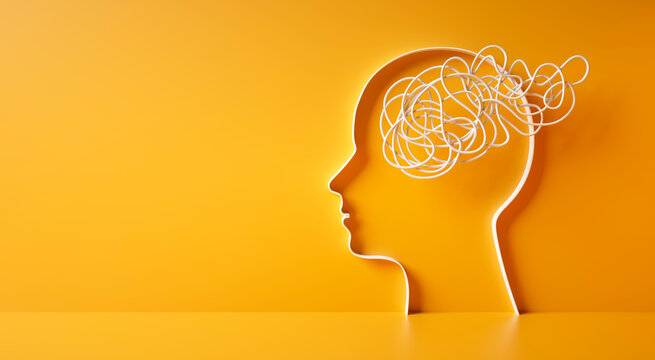 3D silhouette of a head with white tangled rope or cord inside symbolizing mental complexity and confusion on yellow background - 3d illustration