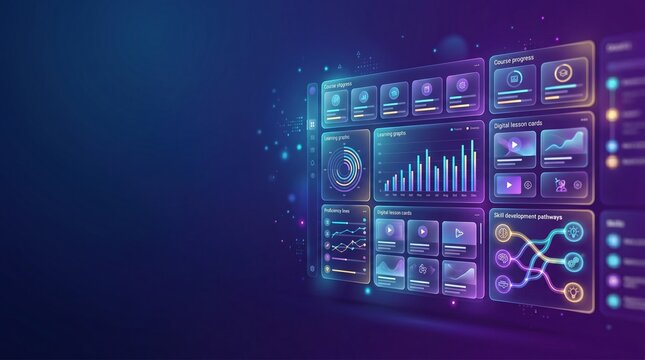 Futuristic ai learning platform dashboard with interactive graphs and digital lesson cards on dark blue background