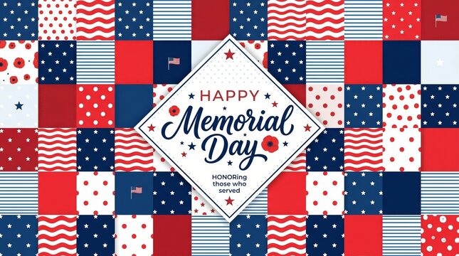 Happy Memorial Day banner design with patriotic patchwork background
