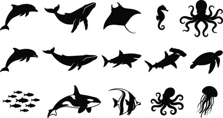 Black silhouettes of various sea creatures, including dolphins, whales, fish, and octopuses ocean animals © Graphic Shops