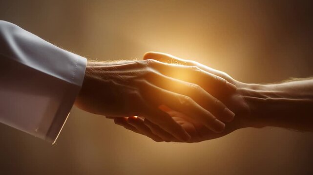 Doctor and patient hands almost touching like Michelangelo painting, warm light between palms, trust and care concept, medical humanities