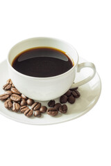 Obraz premium Isolated cup of hot black coffee with scattered roasted coffee beans on a white saucer