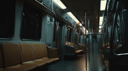 Fototapeta premium Subway train interior is dark and abandoned, with warm glowing lights illuminating the seats and metallic poles, creating a somber feeling of urban solitude and late night transit