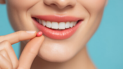 Fototapeta premium Smiling woman holding pink vitamin or supplement pill near healthy white smile, wellness and healthcare concept with copy space.