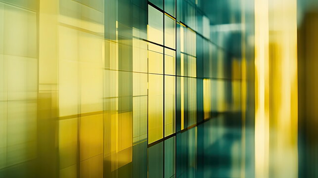 Abstract wall featuring geometric glass panels creating a vibrant reflection of green and yellow hues, symbolizing modern architecture, technology, and connection