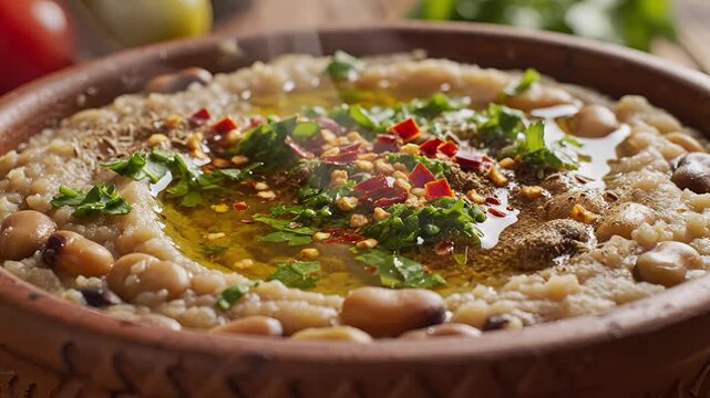 Delicious Foul Medames Dish with Olive Oil and Herbs.