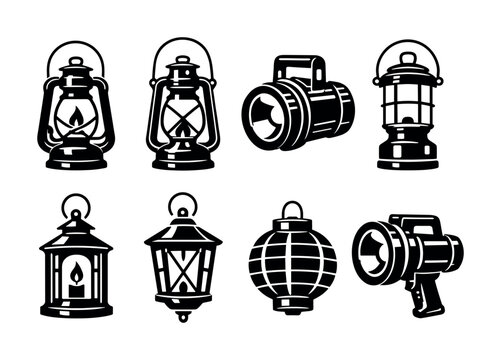 Collection of vintage and modern lighting devices in silhouette